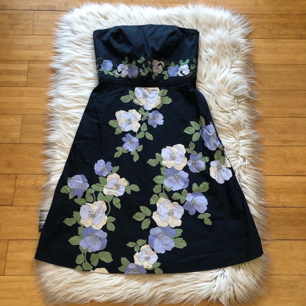 LOFT Floral Embroidered Strapless Fit Flare Cotton Lime Navy Mini Dress size 2P